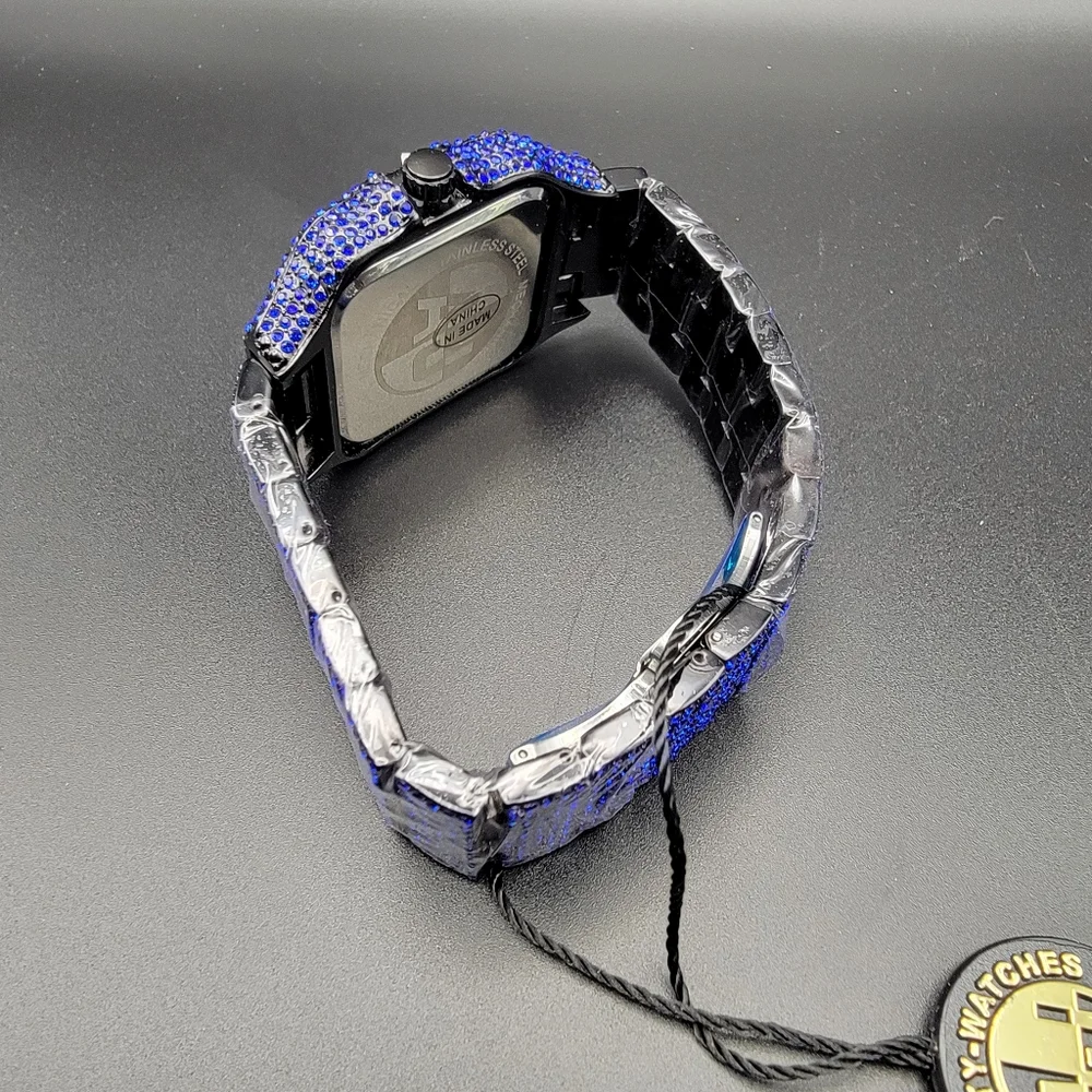 NWT Cobalt Blue Square Mens Watch Iced Pavé 41mm Roman Numeral Date Illuminated